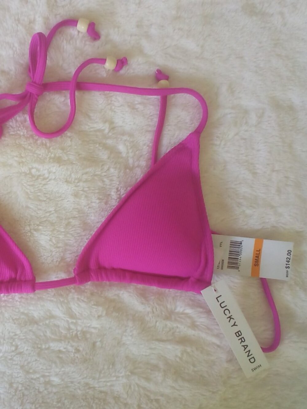 LUCKY BRAND 2-PC Swim Bikini Hot Pink Fuchsia🌷 w/Ivory Beads on Ties (S) NWT